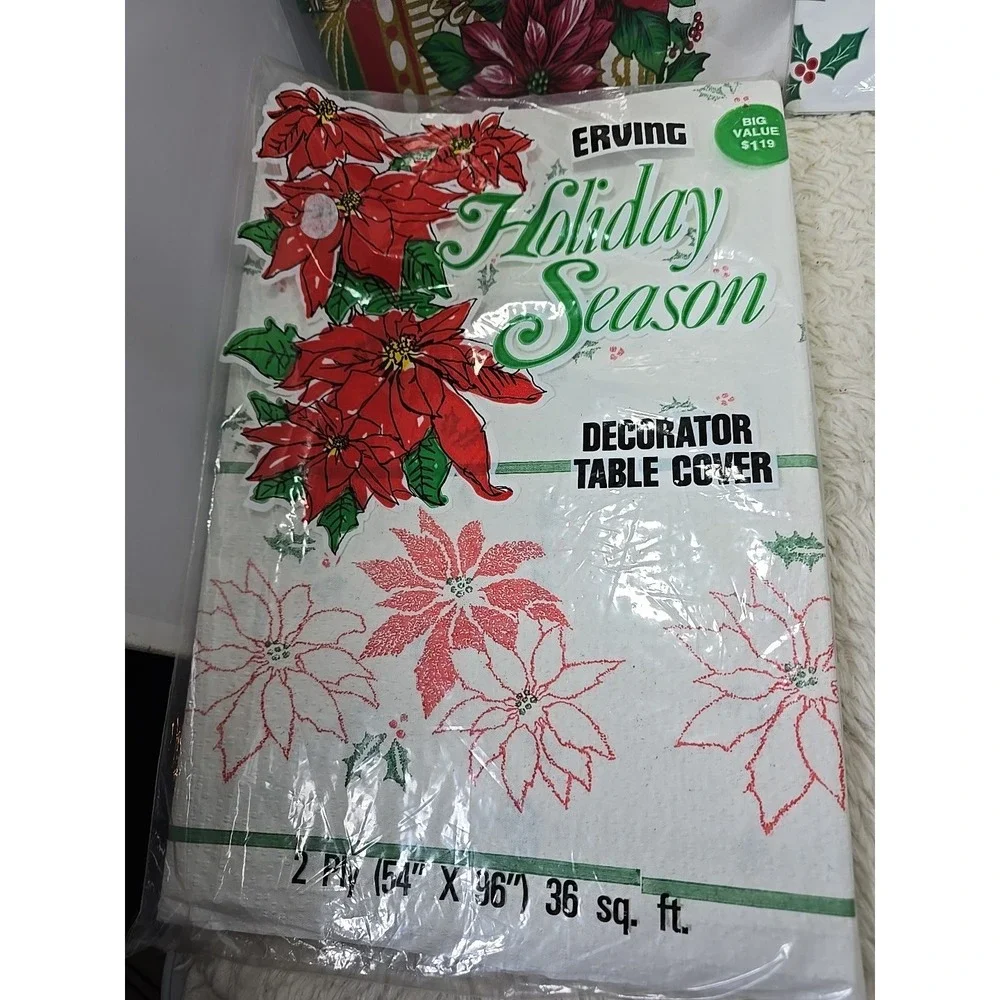 Vintage Christmas‎ Tablecloth Lot of 5 Poinsettias Holly Paper, Plastic & Fabric